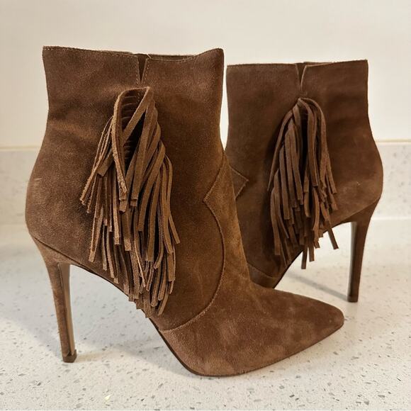 Jessica Simpson Fringe Brown Suede Pointed Toe Heeled Ankle Booties Boots 9M/40 - Picture 3 of 14
